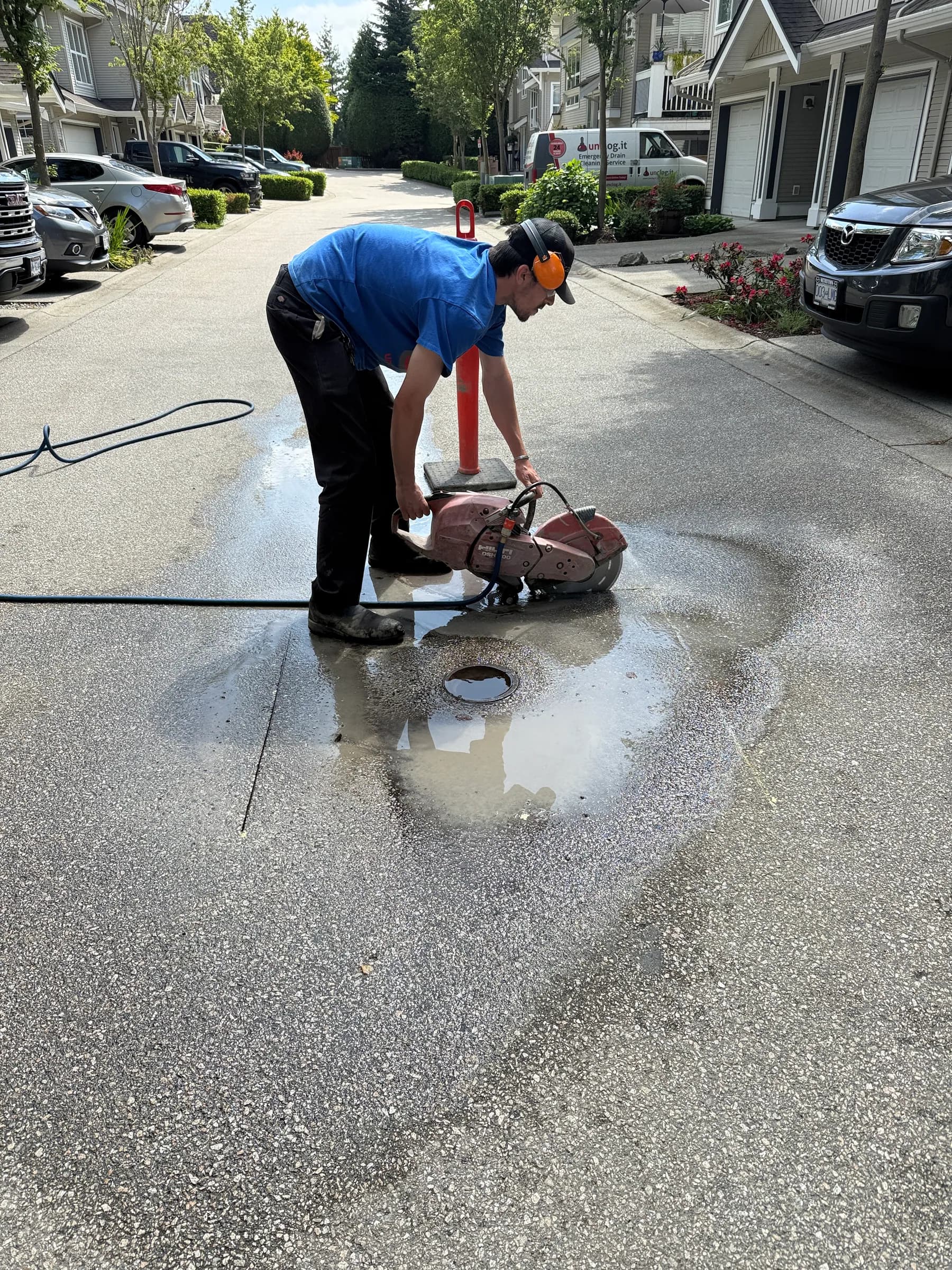 Drain service work underway at an occupied multi-unit property