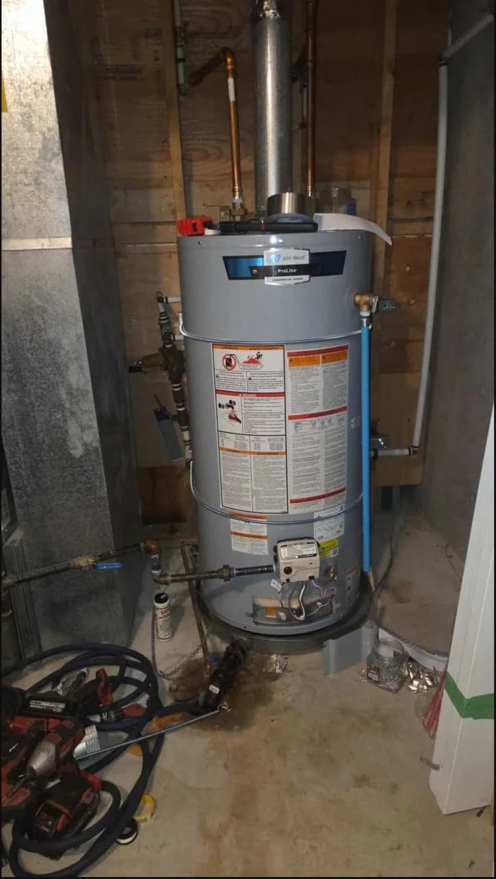 New residential gas water heater installed in a utility area