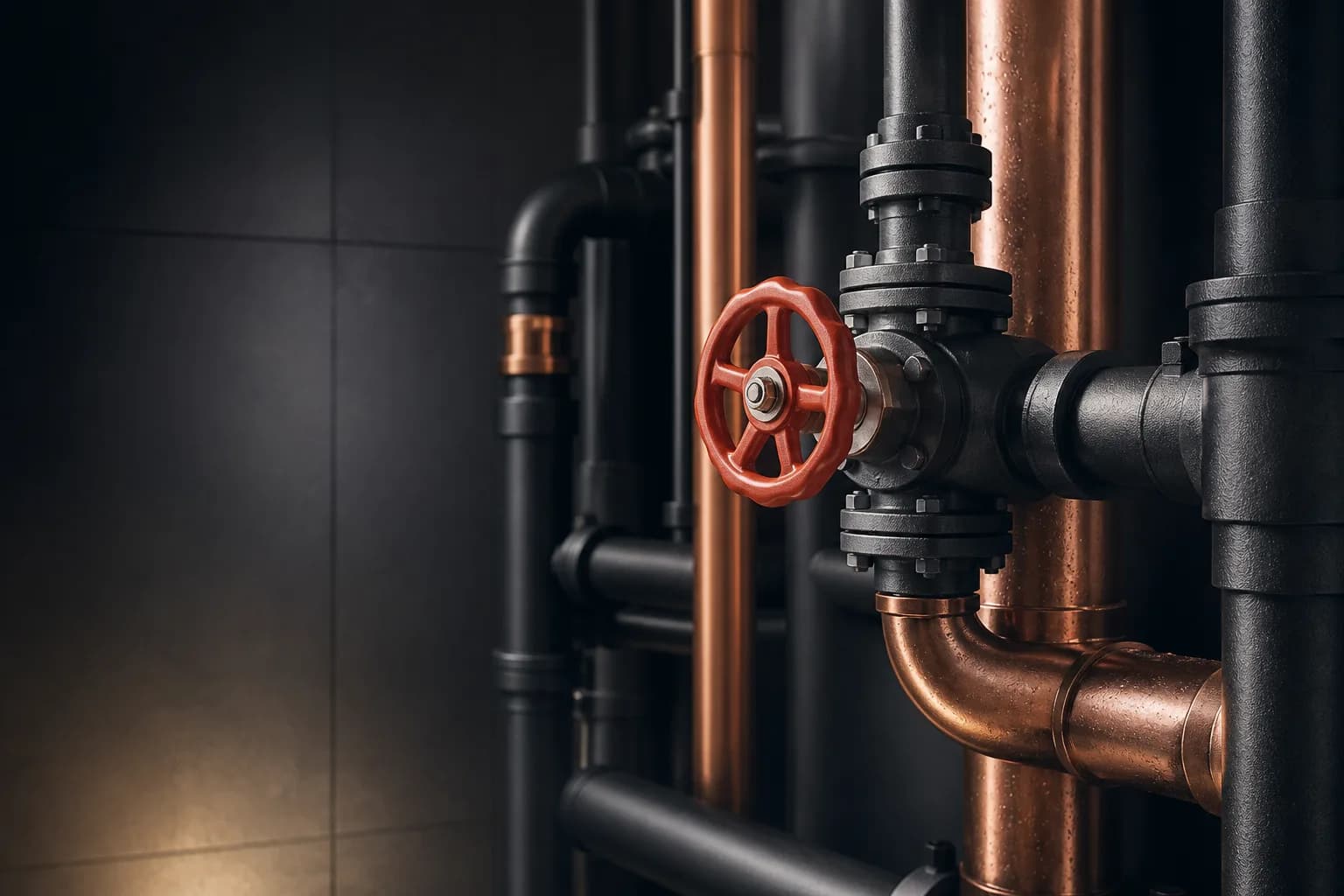 Copper and black mechanical piping with a red valve