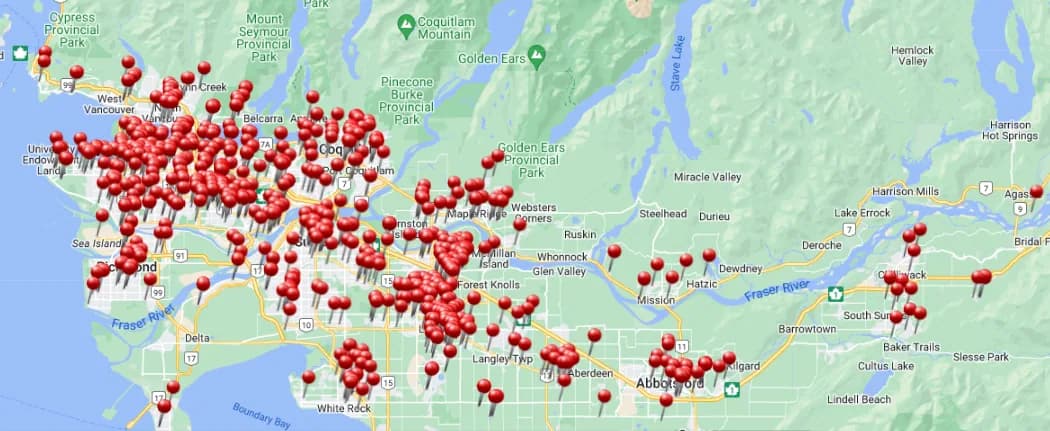 Map showing historical Pure Mechanical Group service calls across Metro Vancouver and the Fraser Valley